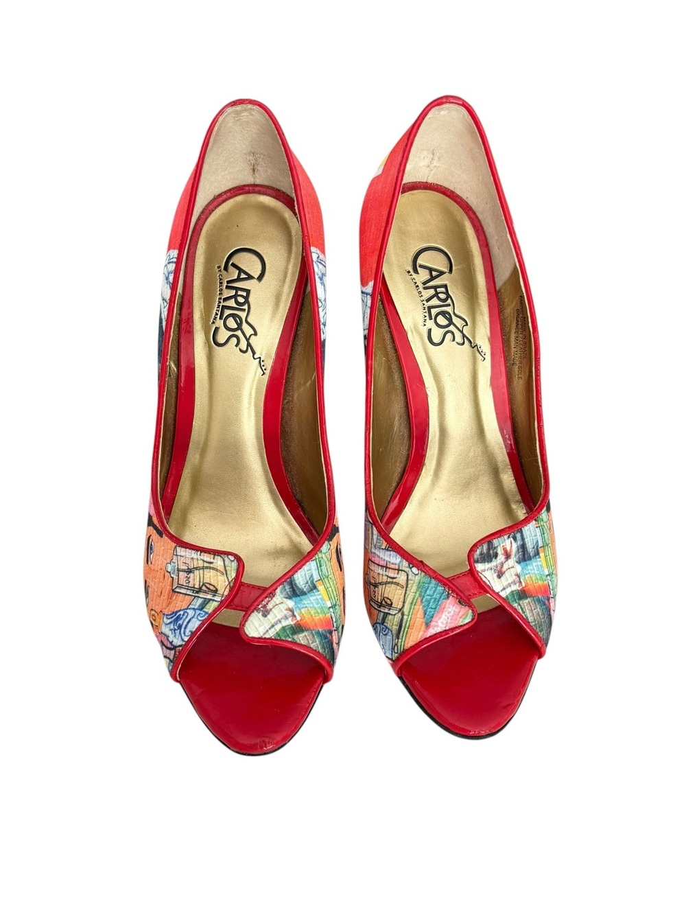 Carlos Santana Pounce Red Open-Toe Pumps Multicolor Print Pop Art Party 6.5